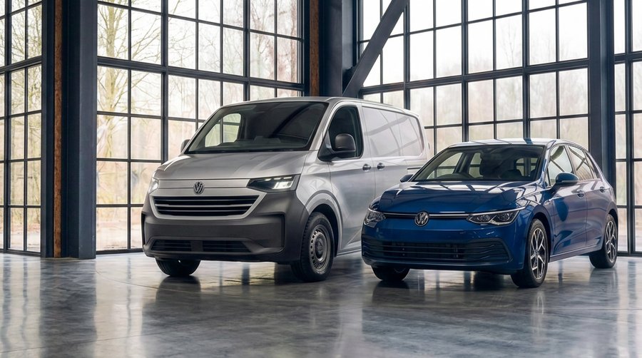 Volkswagen van and Golf in a showroom